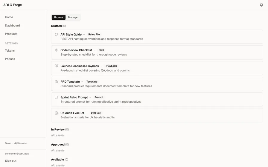 Cendis catalog showing governed AI assets organized by lifecycle phase