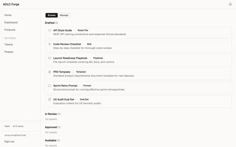 Cendis catalog browse view showing asset cards with type badges organized by lifecycle phase