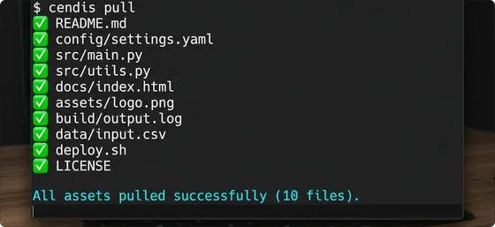 Cendis CLI pull command in terminal showing assets synced to project